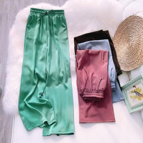 Summer Womens Wide-leg Pants New Satin Cloud Pants Ice Silk Pants Loose Casual Trousers Drape Straight Wide-leg Pants GD328