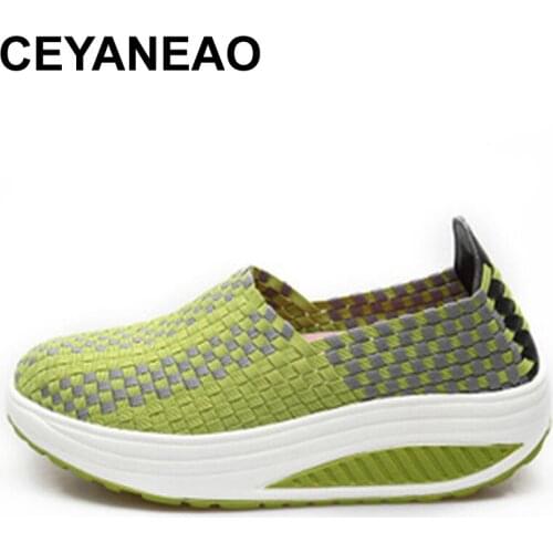 CEYANEAO2018Spring Summer Breathable Women Hand Elastic Woven Shoes Flat slip on Platform ShoesE978