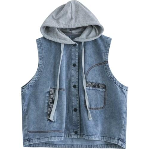 Sleeveless Jeans Jacket Women Korean Fashion Hooded Vests Jean Short Waistcoat Large Size Cotton Zipper Denim Vest Female