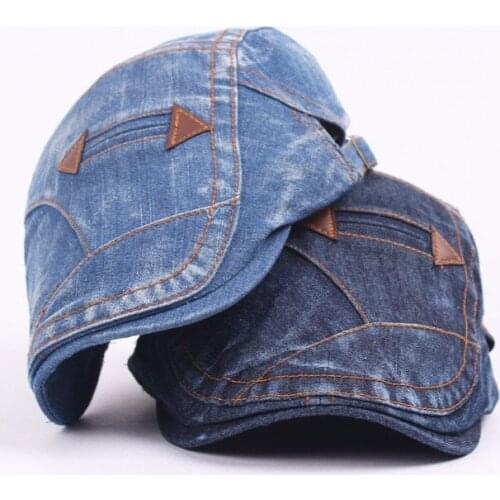 Washed denim cap, double arrow Beret, mens and womens fashion sun hat, worn vintage front hat