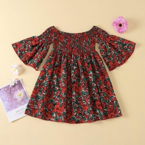 Europe and America Cross Border 2020 Hot Butterfly Print Smocking Children Shirt Fashion All-Match Floral Bell Sleeve Dress