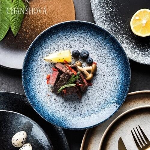 CHANSHOVA Chinese Retro Under Glazed Ceramic Round Pizza Plate Steak Dish Dessert Tray Porcelain Tableware Kitchen Utensils H197