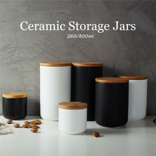 1pc 260ML 800ML Ceramic Storage Jars Wooden Lids Tea Coffee Sugar Canisters Kitchen Supplies Container Tea Pot Grain Organizer
