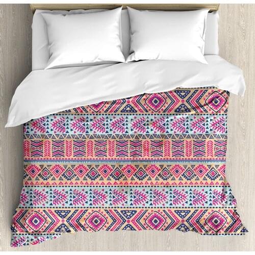 Tribal Duvet Cover Set Retro Spring Vintage Pattern 3 Piece Bedding Set Pink Peach Indigo and Pale Blue