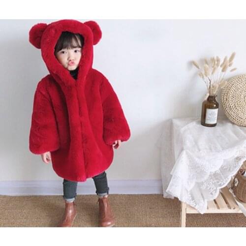New 2021 Autumn Winter Kids Girls Fashion Solid Hooded Faux Fur Jacket Coats Childrens Clothing Long Sleeve Thick Outerwear C05