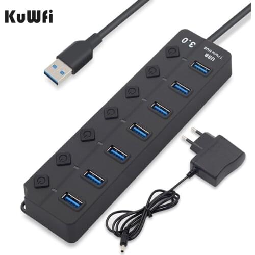 KuWFi USB HUB High Speed 4 / 7 Port USB 3.0 Hub Splitter with EU/US Power Adapter for MacBook Laptop PC
