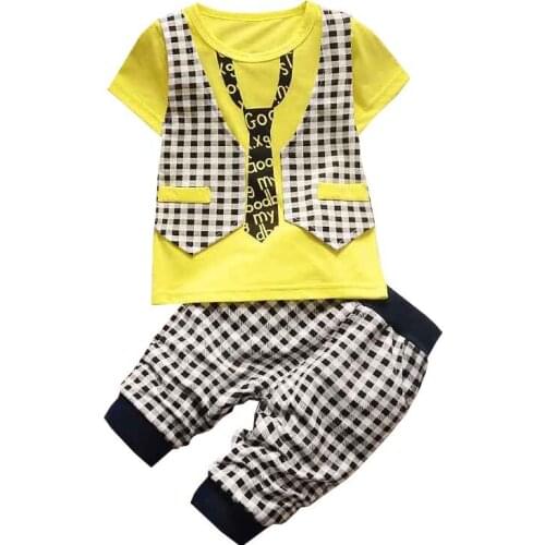 Summer Boy Suit Fashion Short Sleeve Plaid T-Shirt+Short Pant 2pcs Set Boys Clothing For Gentleman Bow Tie Vest Decor Kids Suits