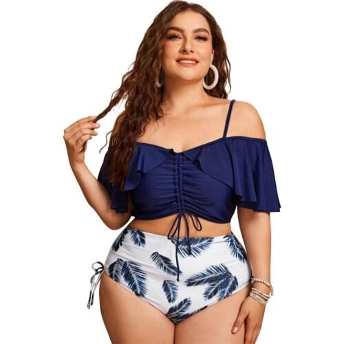 Summer Off Shoulder Womens Swimwear Navy Blue Ruffle Bikini Top Tree Leaves Print High Waist Swimsuit Bottom Plus Size Biquini