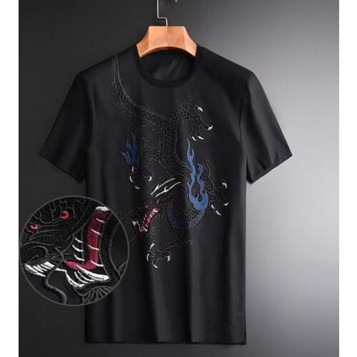 Lyocell Fabric Mens Luxury Dragon Pattern Embroidery Short Sleeve Tee Plus Size 4xl Slim Fit Man T-shirts