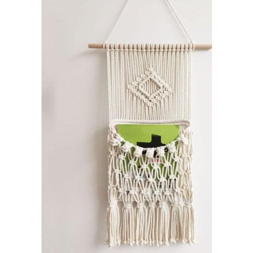Macrame Woven Wall Hanging Magazine Storage Basket Bohemian Cotton Handwoven Tapestry Apartment Dorm Room Decoration