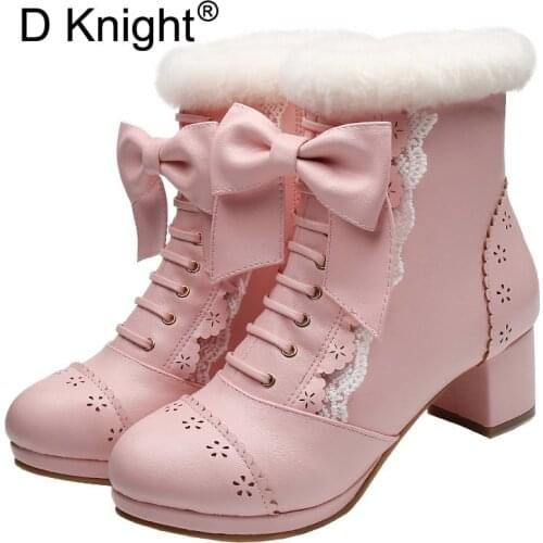 Sweet Japanese Beauty Women Ankle Boots Winter New Lace Bow Snow Boots For Women Side Zip Platform Thick High Heels Lolita Shoes