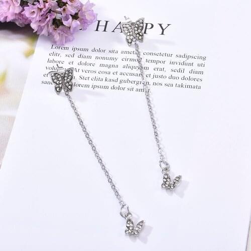 Fashion Temperament Sweet Girl Butterfly Stud Ear Stud Threader Long Water Drop Dangling Tassel Female New Style Hot Sale