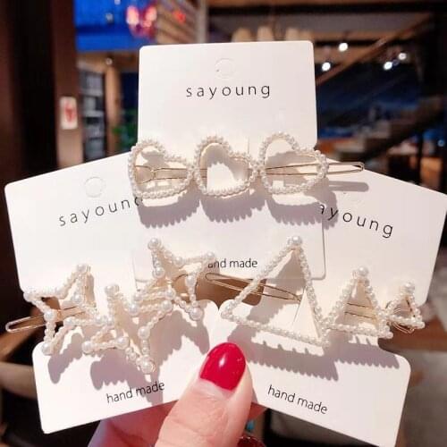 New Imitation Pearl Heart Star Hairpins Women Fashion Circle Triangle Barrette Gold Color Hair Clips Hair Styling Accessories