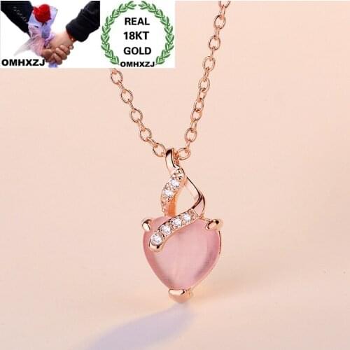 OMHXZJ Wholesale European Fashion Woman Girl Party Birthday Gift Heart Rose Quartz Zircon 18KT Rose Gold Pendant Necklace NA237
