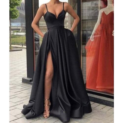 Simple Spaghetti Strap Black Prom Dress Sexy Split Satin Design with pockets Floor Length Long Evening Gowns