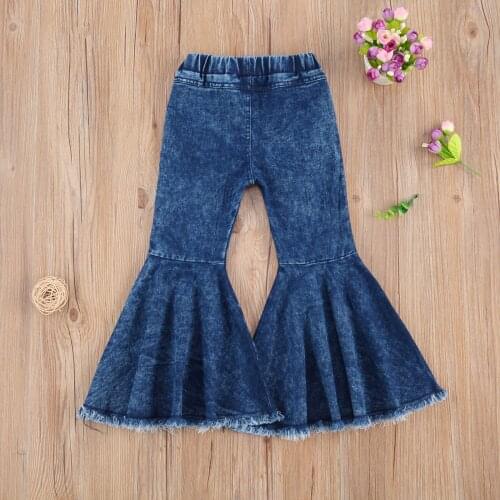 Toddler Baby Girl Flared Pants Solid Color Blue Bell-bottom High-waist Basic Denim Pants Spring Fall Outfit for 2-7 Years Old