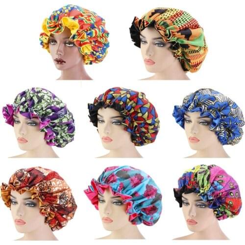 Adjustable Night Sleep Hat Hair Caps African Pattern Satin Bonnet Big Wave Extra Large Size Brim Headwear Women Flower Turban