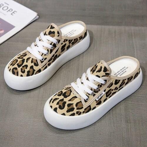 New Fashion Canvas Casual Shoes Women Female Half Slippers Slides Comfort Low-Heeled Leopard Print Mules Casual Slipper Shoes