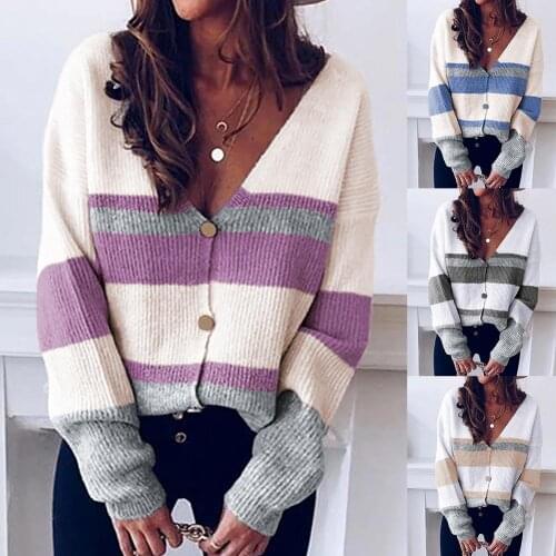 Women Autumn Long Sleeve Striped Color Block Buttons Knitted Sweater Cardigan womens sweaters girls sweaterwomen womansweaters
