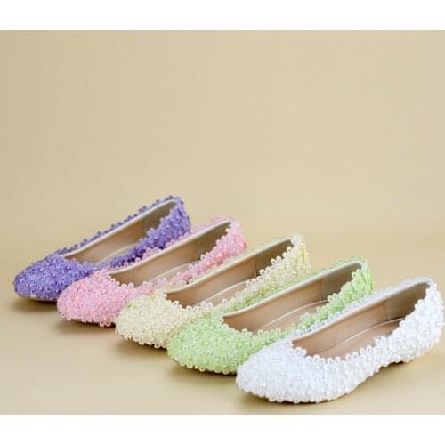 Low heel lace flower shoes woman plus size pearls bridal wedding party shoes NQ027 wedges heel champagne lace wedding shoe