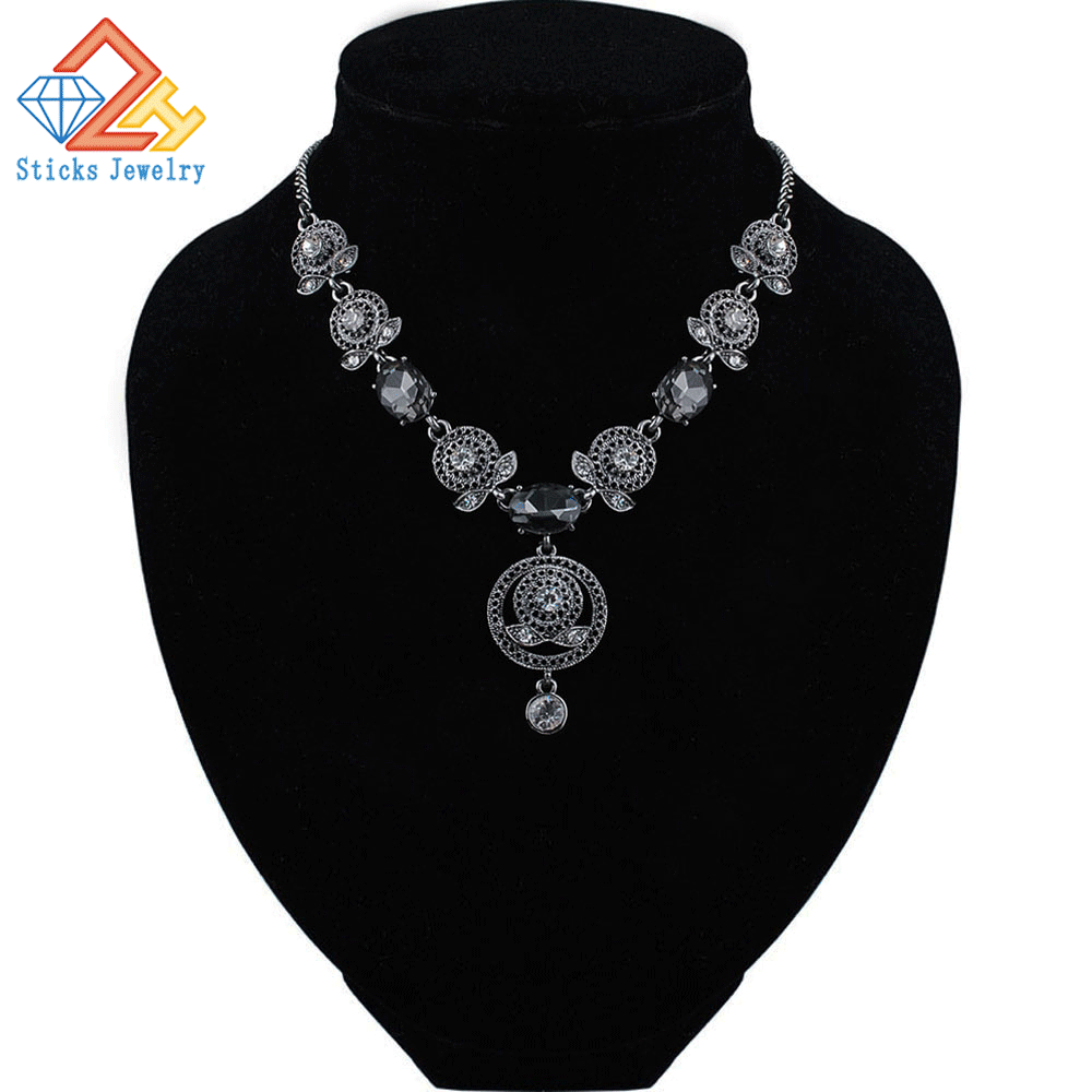 Vintage Crystal Statement Necklace Women Summer Style Gun Black Chain Necklaces Pendants Jewelry For Gift Party