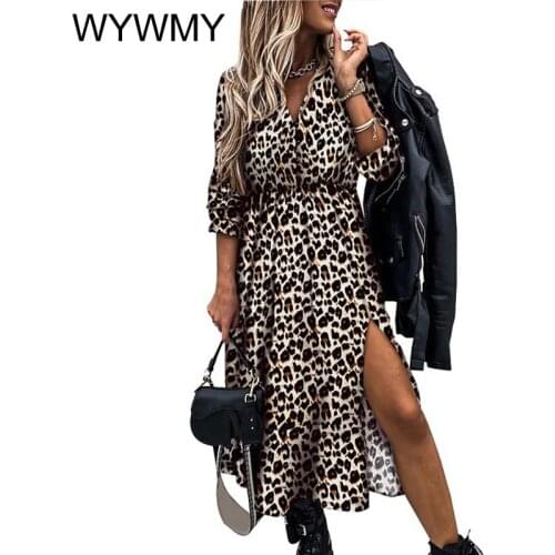 WYWMY Leopard Flower Print Long Dresses For Women 2021Sexy Casual Long Sleeve Split Dress Female Boho Elegant Maxi Party Vestido