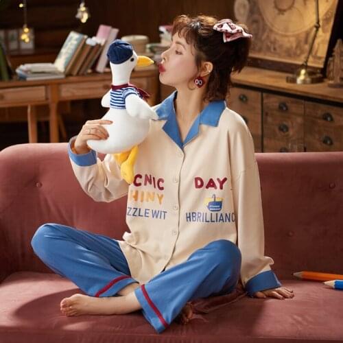 Female Pure Cotton Long Sleeve Pajamas Autumn Household To Take The Spring and Autumn Period and Cotton Print Cartoon Casual