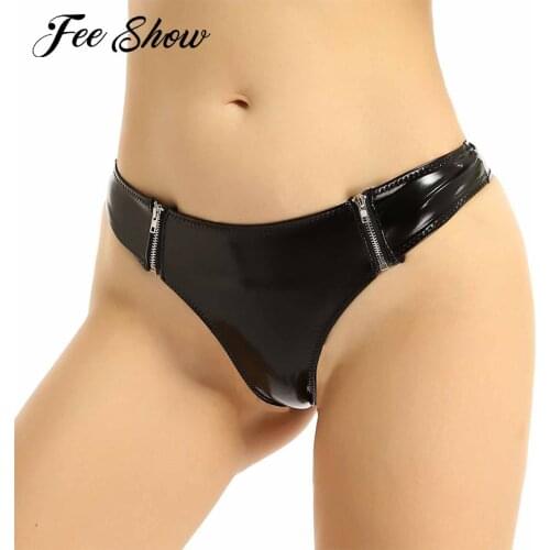 Women Shiny Leather Bikini Briefs Latex Panties Low-waist Front Zipper Thong Panties Underpants Underwear Pole Dance Clubwear