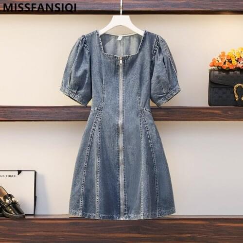 New Ladies 2021 Summer Plus Size Denim Dress For Women Square Collar Short Sleeve Large Elegant Female Dresses L XL 2XL 3XL 4XL
