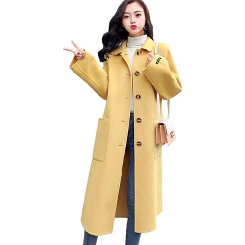 Autumn Winter Women Woolen Coat New Solid Single-breasted Long Outerwear Loose Large Size Yellow Wool Coat Women Clothing AA1021