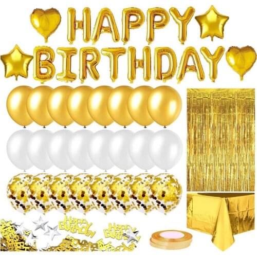 Gold Birthday Party Decoration Happy Birthday Banner Balloons Fringe Curtain Foil Tablecloth Heart Star Foil Balloons