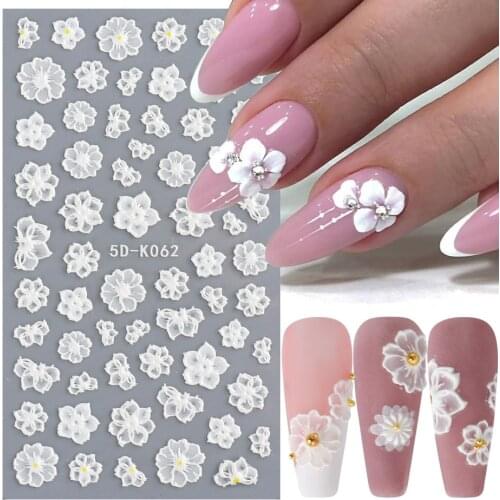 1 Sheet White Flowers Lace Nail Stickers 5D Decals Embossed Floral Nail Art Designs Slider Japanese Decoration Manicure TR5D-K-2