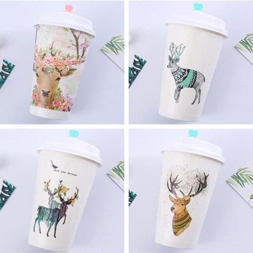 50pcs High quality creative white Christmas drink cup birthday wedding party coffee tea cold hot drink paper cup with love lid