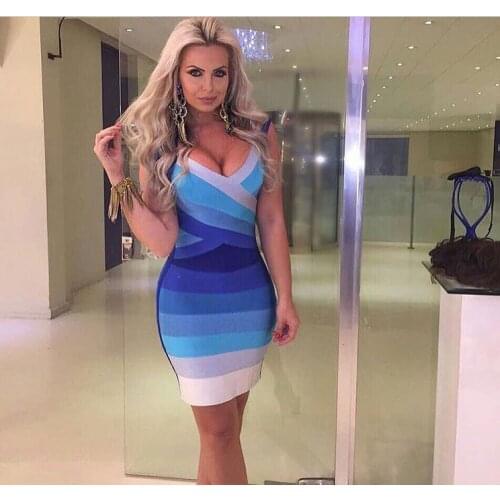 Good Quality Blue Gradient Square Collor Bandage Dress Party Evening Elegant Dress