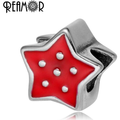 REAMOR 316l Stainless steel Enamel Red Star Charm Beads European Big Hole Beads Bracelet & Bangles Jewelry Making DIY