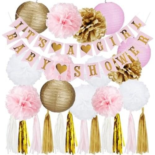 Baby Shower Theme Paper Flower Ball Pull Flag Banner Paper Lantern Birthday Party Gender Reveal Decoration Set KK34