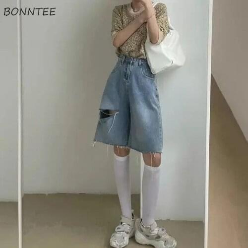 Wide Leg Jeans Women Summer Thin Y2K Knee Length Denim Tassel Ins Hole Casual High Street Popular Pantalones Korean Daily Femme