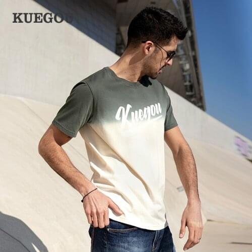 KUEGOU 100% Cotton Clothing Mens dip dye T-shirt Short Sleeve Fashion Gradient Tshirt Summer High Quality Top Plus Size 90026