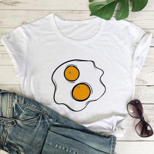 Short Sleeve tshirt Simple T-shirt Funny Fried egggraphics print Lady Tshirt Summer T shirt Women White Round Neck Tshirt