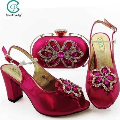 Italian Shoe With Matching Bag For Party With Stones Wedding Shoes And Bag Set High Quality Women Pumps Fuchsia color PU leather
