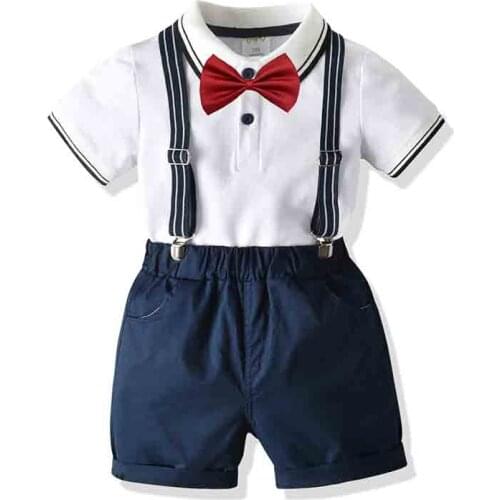 Baby Boy Clothes Set Summer Toddler Boy Bow Tie Short Sleeve Top+Suspenders Shorts Gentleman Children Clothing