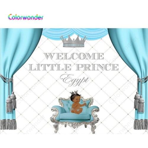 Royal Baby Shower Photographic Background Blue Curtain African Baby Sitting on the Chair 7x5ft White Custom Backdrops for Prince