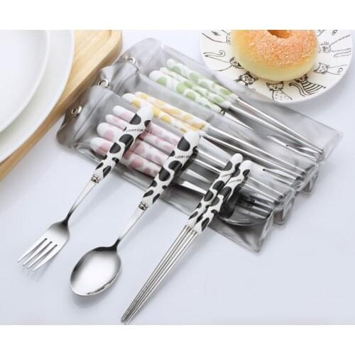 Portable 3Pcs Stainless Steel Cow Pattern Cutlery Set For Tableware Dinnerware Food Baby Supplies Kitchen Accessories