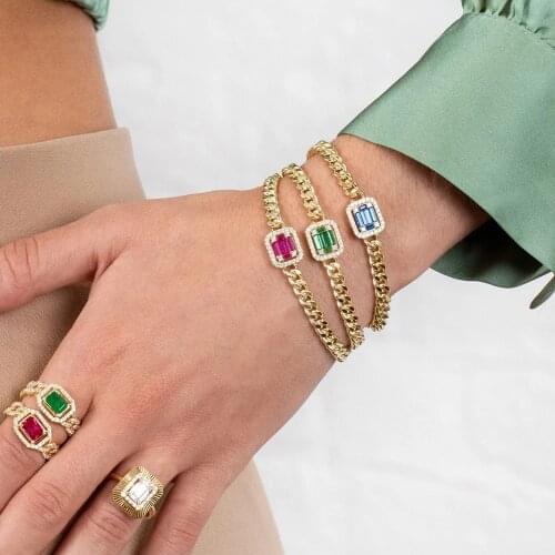 2021 Summer new hiphop Rainbow colorful Geometric square cz paved Cuban Link Chain Gold Color Fashion bracelet jewelry for women