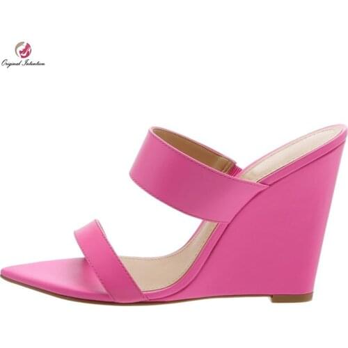 Original Intention Super Sexy Women Fashion Open Pointed Toe High Wedges Slides Gorgeous Shoes Yellow Pink Plus Size 4-16