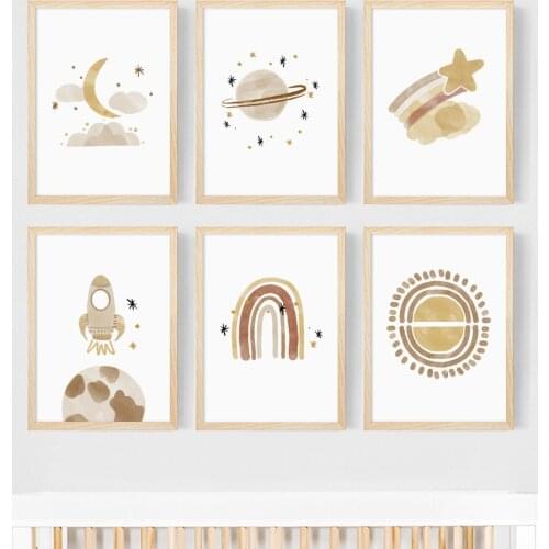 Rainbow Sun Moon Star Planet Rocket Cartoon Art Canvas Painting Nordic Posters And Prints Wall Pictures For Kids Room Home Decor