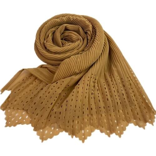 10Pcs/Lot Wholesale Pleated Chiffon Hijab Scarf Crush Laser Cut Solid Color Muslim Shawls Wraps Headband Islamic Turban