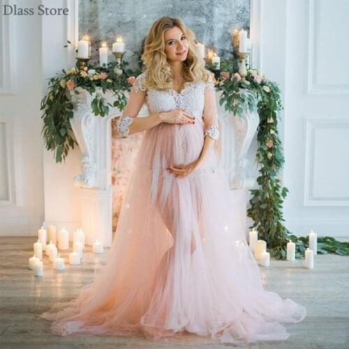 Light Pink Tulle Prom Dress Long Applique Sleeves Illusion Pregnancy Photography Shoot Evening Dress vestido de fiesta de boda