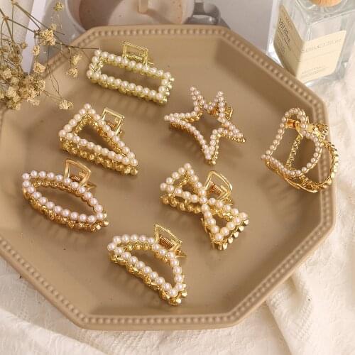 VKME Fashion Elegant Gold Pearl Geometric Hair Clip For Women Korean Girl High Quality Hair Claws Star Crystal Hair Clips Claw