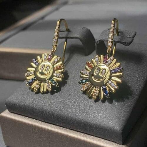 Top Quality Fashion Gold Smile Face Pendant Earrings Micro Pave Fancy CZ Sun Flower Hook Drop Earrings For Women Party Jewelry